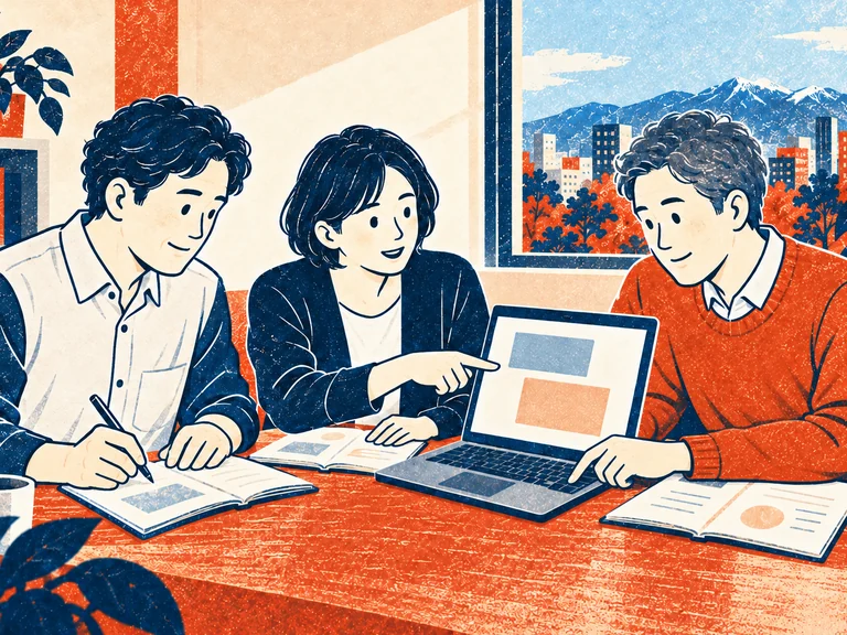 同じテーブルで、メモやパソコンを見せ合い、書く・試す・話す人たちのイラスト。