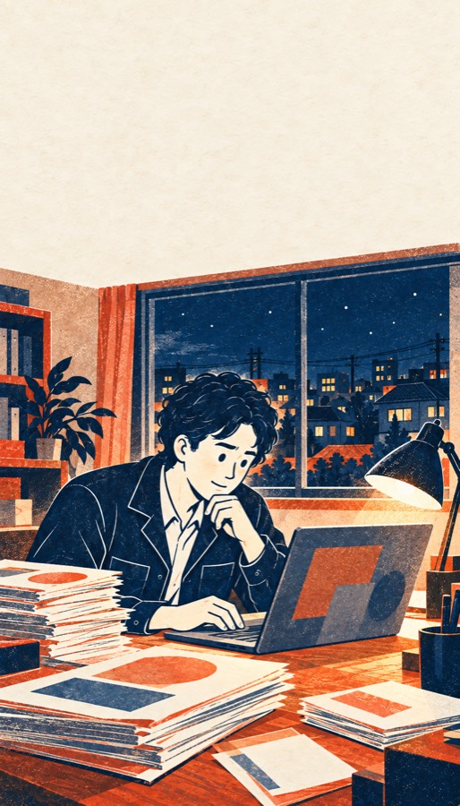夜おそくまで書類に向かう様子